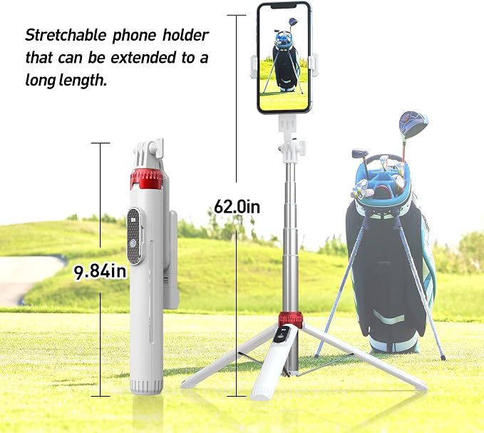 62" Phone Tripod & Selfie Stick for Golf Training | Cell Phone Tripod Stand with Wireless Remote and iPhone Holder, Golf Training Aid - Compatible with iPhone Android (White) - Image 3