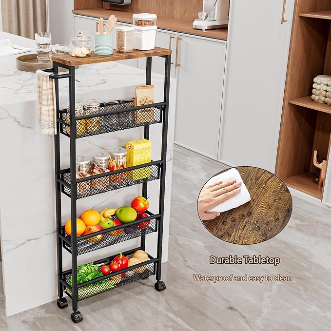Slim Rolling Cart 5 Tier Narrow Storage Cart on Wheels with Handle | Lockable Wheels, Wood Top Panel, Metal Frame Utility Carts for Kitchen, Dining, Living, Home Office, Laundry Room - Image 3
