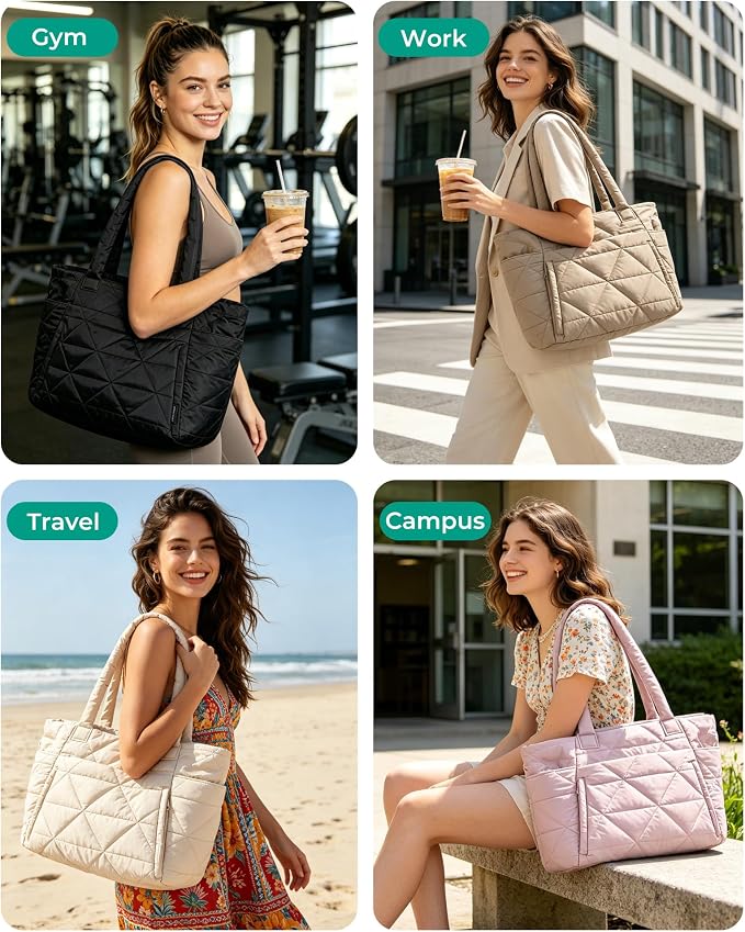 BAGSMART Tote Bag for Women, Puffer Tote Bag with Zipper, Large Quilted Shoulder Bag with Compartments for Travel, Work, Gym - Image 2