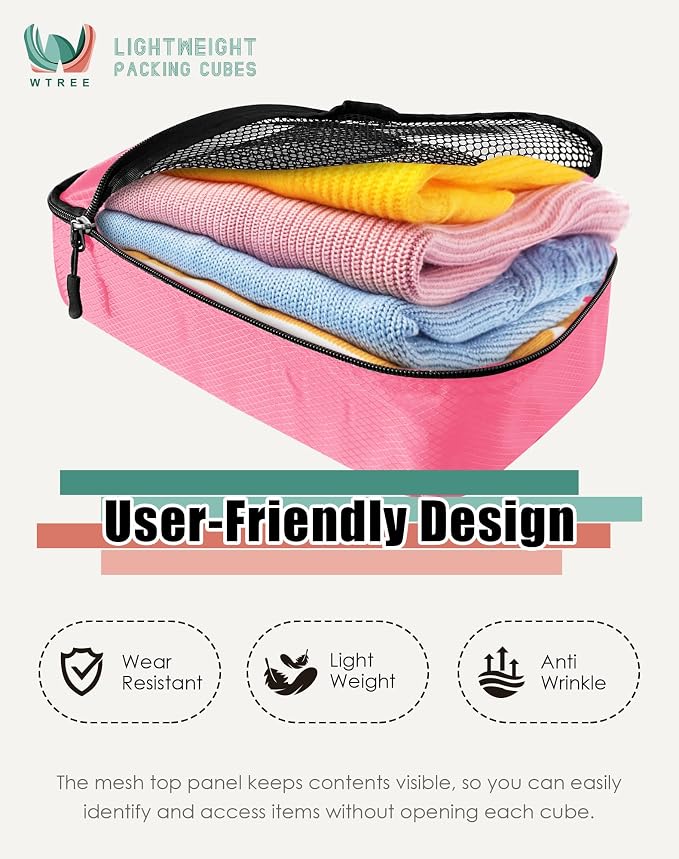 WTREE 4-Piece Packing Cubes Travel Accessories Set for Suitcases - Luggage Organizer Bags with Double Zipper - Mesh Top - Medium - Pink - Image 3