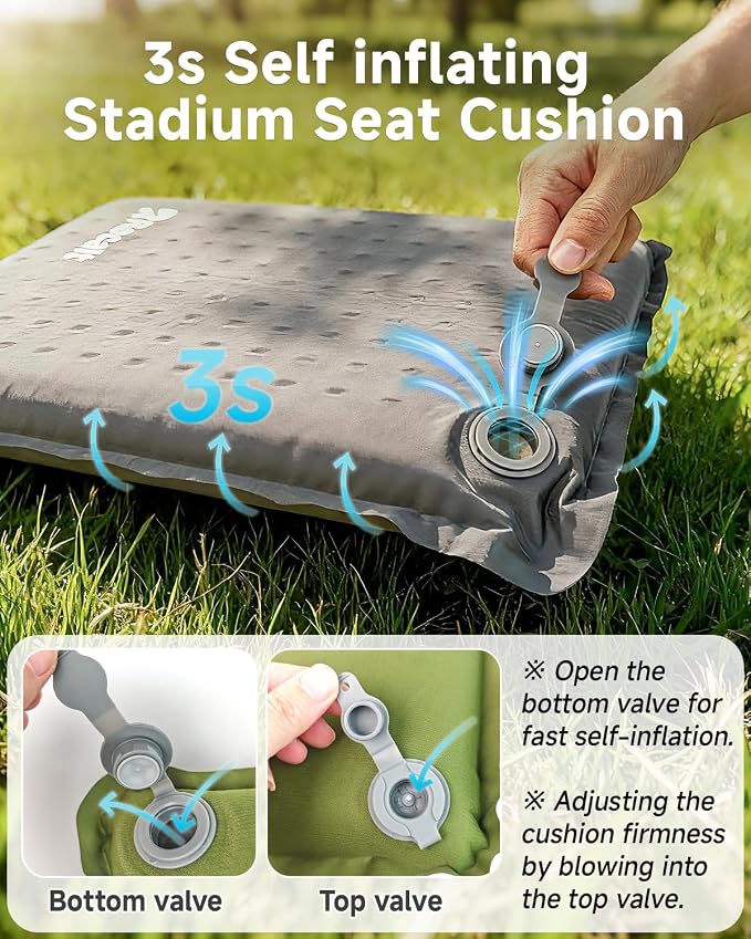 Rocalt Self Inflating Seat Cushion for Airplane Seats and Bleachers | 3s valve inflation, 0.44 lb pack, 17.1 x 13.8 x 2 in support, TPU fabric, for flights, stadiums and camping - Image 3