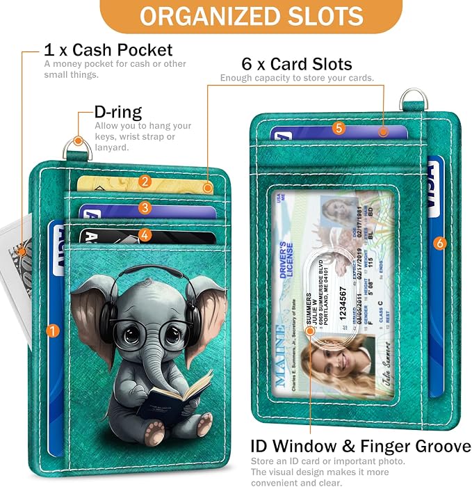 Yonlevres Elephant Credit Card Holder Slim RFID Wallet Women Wristlet Cute | Front Pocket, Handy, RFID Blocking, Woman Girls Ladies Gifts, D-ring for Keychain,Thin Mini Card Case, ID Window, PU Leather - Image 4