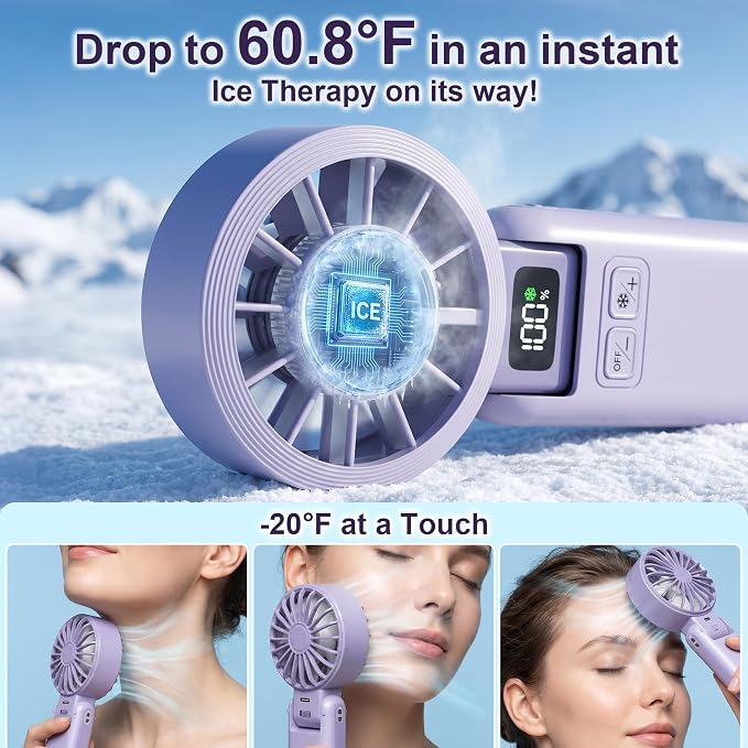 Portable Fan Handheld with Ice Cooling Rechargeable 5.5m/s Speed | 5-Speed, Independent Switch, Digital Display, Foldable Personal Fan for Travel/Concerts/Sport Events/Gifts - Image 2