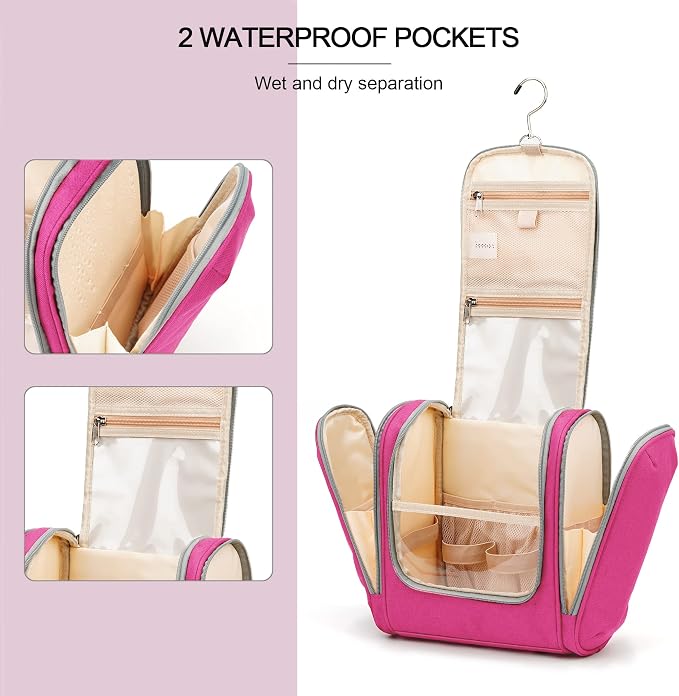 Hanging Travel Toiletry Bag for Women and Men, 6 Organizer Compartments, Extra Large Toiletries Bag, Bathroom Cosmetic Bag, Water-resistant Makeup Bag, Holds Full-Size Shampoo, Rose Red - Image 5