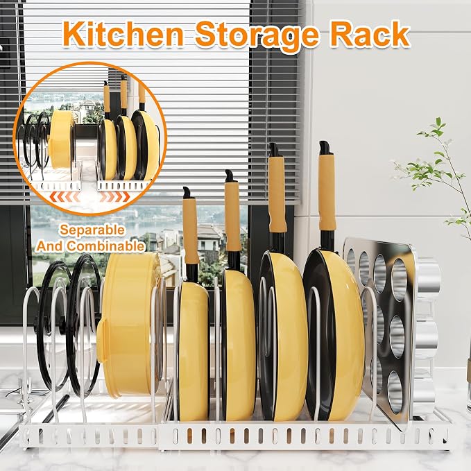 Pot and Pan Organizer Rack for Cabinet, 3 Expandable Pot Lid Organizer Holder with 12 Adjustable Compartment for Kitchen Cutting Board, Pan Lid, Bakeware, White - Image 4