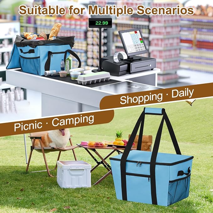 Reusable Grocery Bag – Expandable Insulated Cooler Bag with Bottom Board, Collapsible Insulated Shopping Bag with Zipper & Drawstring, Heavy Duty Tote Bag for Shopping, Delivery, Picnic, Beach - Image 8