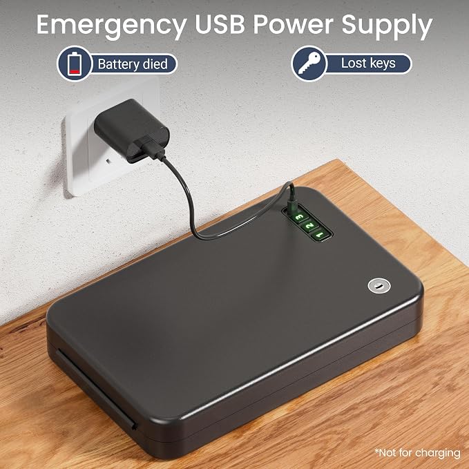 Portable Electronic Car Gun Safe for Handgun with Security Cable | Small Gun Lock Box with Silent Mode & Emergency USB Power Supply, Single Pistol Safe for Travel, Vehicle, Truck, Nightstand - Image 7