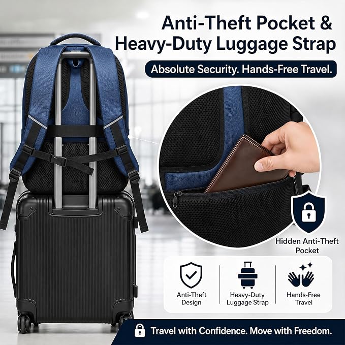 Amovee Travel Laptop Backpack 17.3 Inch, Water Resistant Anti-Theft Computer Bag with Hidden Pocket & Luggage Strap, Airline Approved Carry-On Bookbag for Men Women, Perfect for Flying & Vacation - Image 7