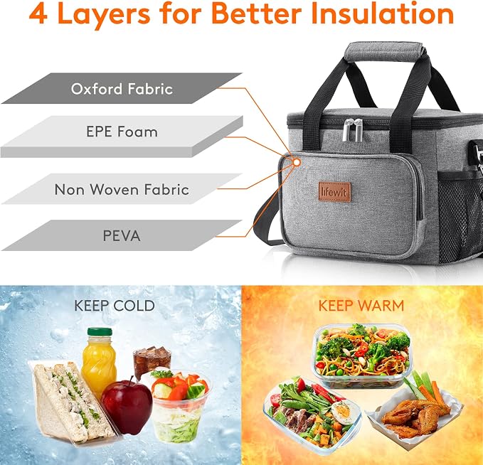 Lifewit Medium Lunch Bag, Insulated Lunch Box, Soft Cooler Cooling Tote for Adult Men Women, Gray 12-Can (9L) - Image 2