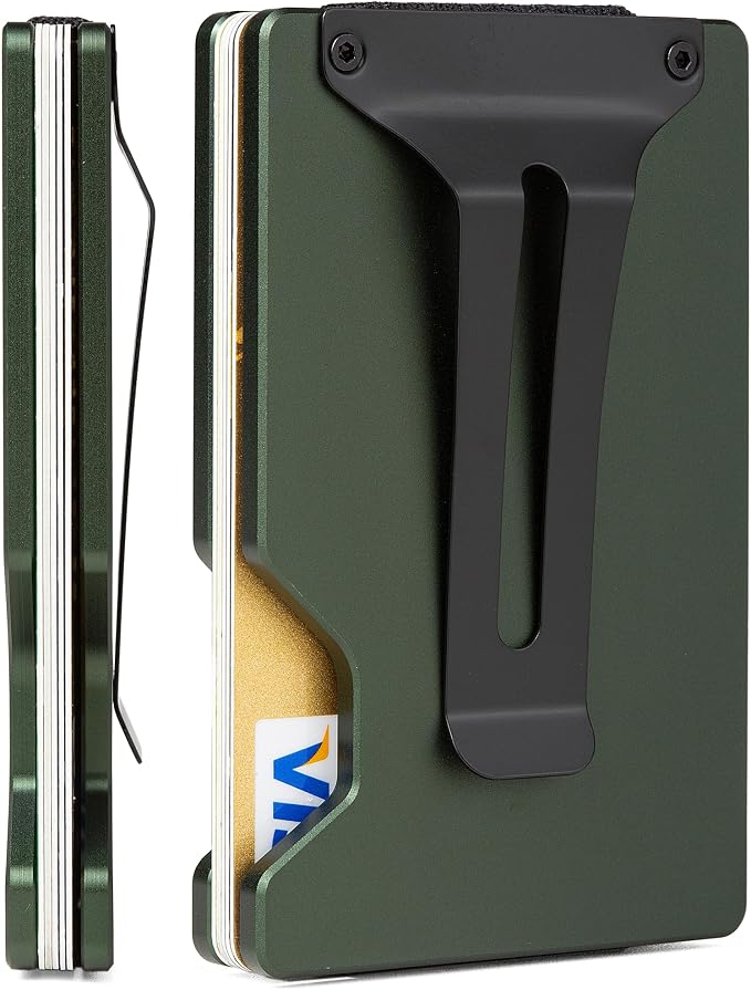 Minimalist Wallet for Men, Slim Metal RFID Blocking Wallet Credit Card Holder Money Clip & Cash Strap, Scratch-Resistant Holds 15 Cards,Ideal Gift for Men | Matte Green by Unknown