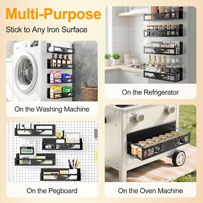 Magnetic Spice Rack for Refrigerator, 4-Pack Metal Seasoning Organizer for Kitchen Storage Organization, Magnetic Shelf for Fridge Space Saving Spice Organizer, Black - Image 4