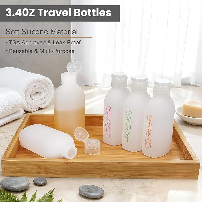 Cosywell Travel Bottles for Toiletries 5 Pack 3.4oz Travel Size Containers | Pre-Printed Shampoo, Conditioner, Body Soap, Soft Touch HDPE ,TSA Approved, Leak Proof, Squeezable Toiletry Bottle(White) - Image 3