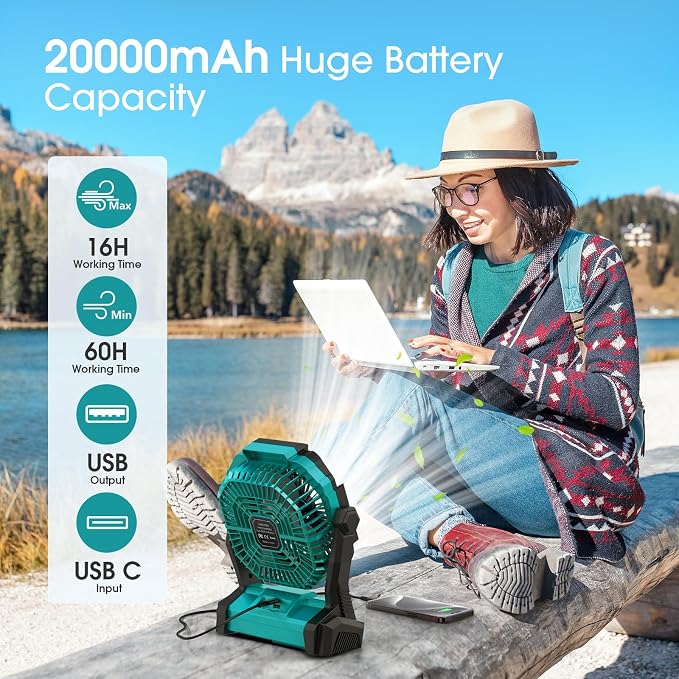 Portable Fan Rechargeable, 20000mAh Cordless Battery Powered Fan with LED Lantern Battery Operated for Travel Bedroom Home Camping Tent Office Beach Desk Fishing Table - Image 2