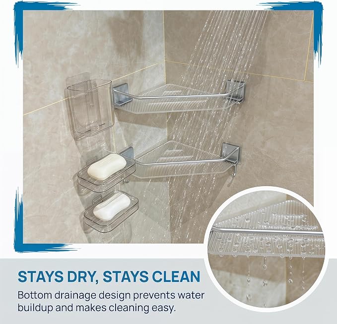 5 Pack Acrylic Shower Shelves Wall Mount, Shower Corner Shelf, Adhesive | Shower Organizers for Inside Stall, Clear, with Soap Holder Hooks and Drain Slots, No Drill, for Tile Glass in Small Baths - Image 5