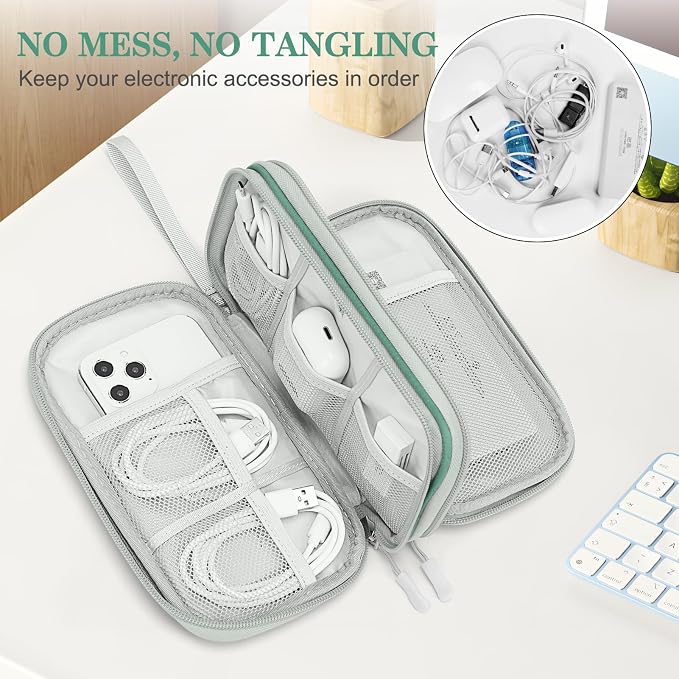 FYY Electronic Organizer, Travel Tech Pouch Bag, Medium, Green Quilted | Wrist Strap, Waterproof, Double Layers Portable Electronics Travel Carrying Case for Cord, Charger, Daily Business Trips Use - Image 5