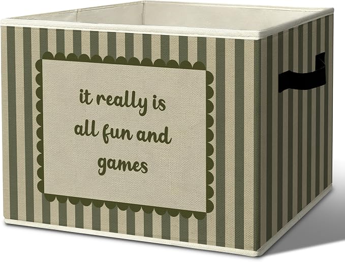 Rustic It Really Is All Fun And Games Storage Bins Boxes with Handles | toys books clothes , green striped nursery foldable basket for organizing bedroom toddler room playroom by Unknown