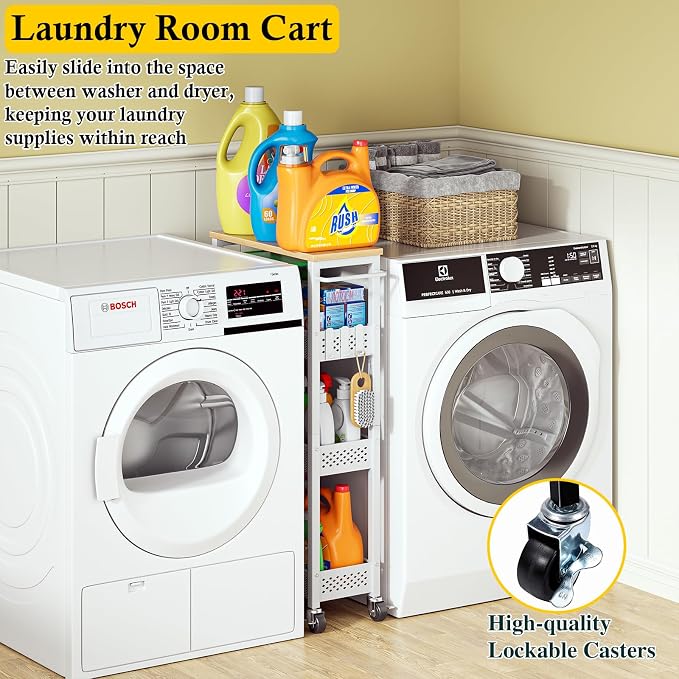 OKZEST Slim Laundry Room Organization Cart with Upgraded Metal Hub Casters | Fits between washer & dryer, 4-Tier space-saving narrow rolling cart, Premium wood top & metal mesh shelf, with handle & hook - Image 2