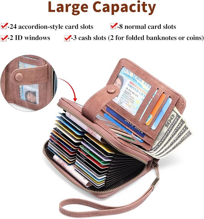 GAEKEAO Leather Credit Card Holder Wallet for Women RFID Blocking Large Capacity Bifold Zipper Card Case Organizer with Wristlet 32 Slots - Image 2