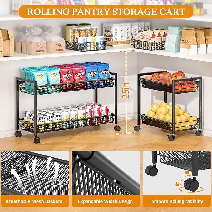 3IngSeagulls 2-Tier Expandable Rolling Pantry Floor Organizer, Stackable Pantry Storage Cart with Wheels, Kitchen Fruit and Vegetable Storage Rack for Onion, Potato, Food, Snacks - Image 4
