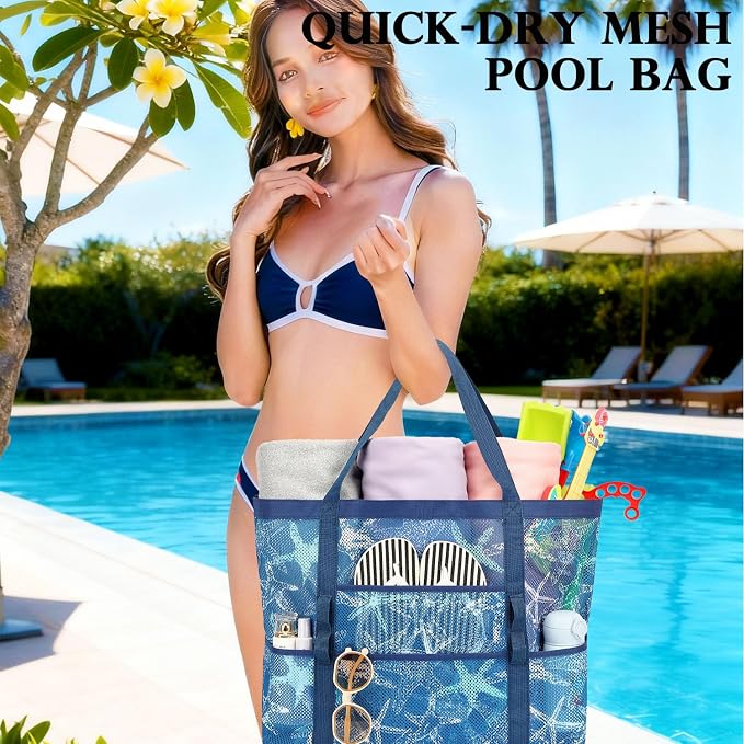 Fammart Mesh Beach Bag for Women, Large Beach Toy Pool Bag with Zipper Pocket, SandProof Cruise Essentials 2026 Family Travel - Image 2