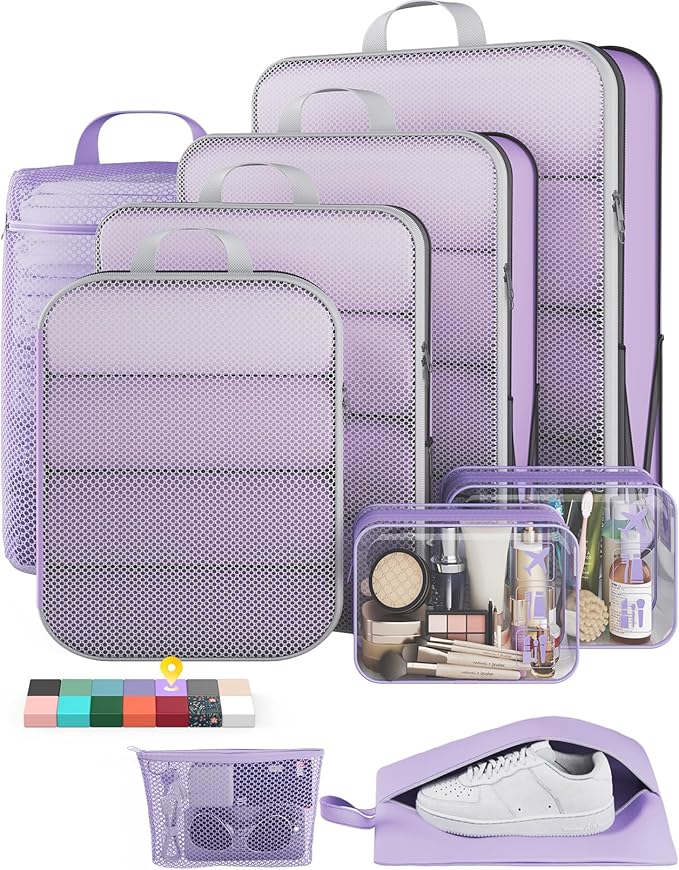Veken 9/11 Set Compression Packing Cubes Garment Bags for Travel Essentials,Compressible Expandable Luggage Organizer Bags for Clothing,Space Saver Bags with Over 1000 pcs of Mesh Holes(Light Purple) by Veken