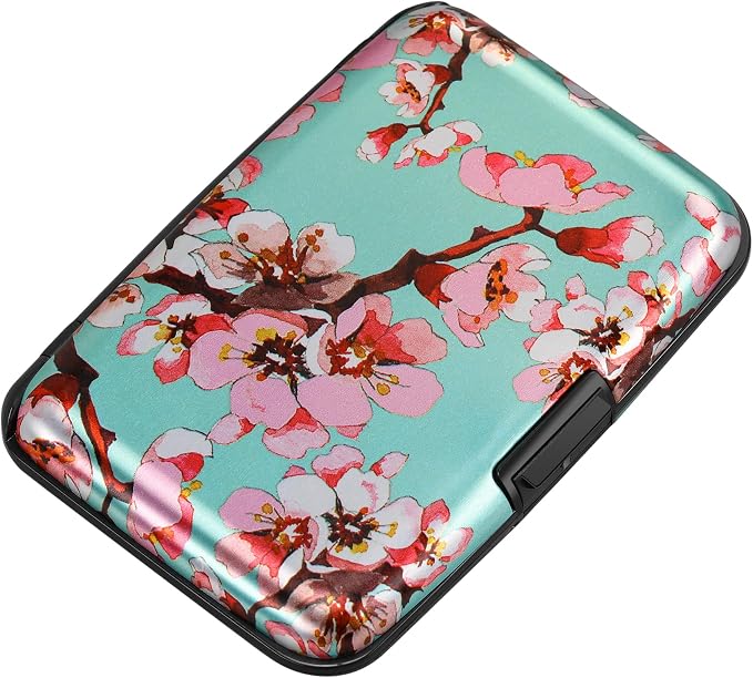Mini RFID Aluminum Wallet Credit Cards Holder Business Card Case Metal ID Case for Men Women（Pink Peach Blossom by ELFISH