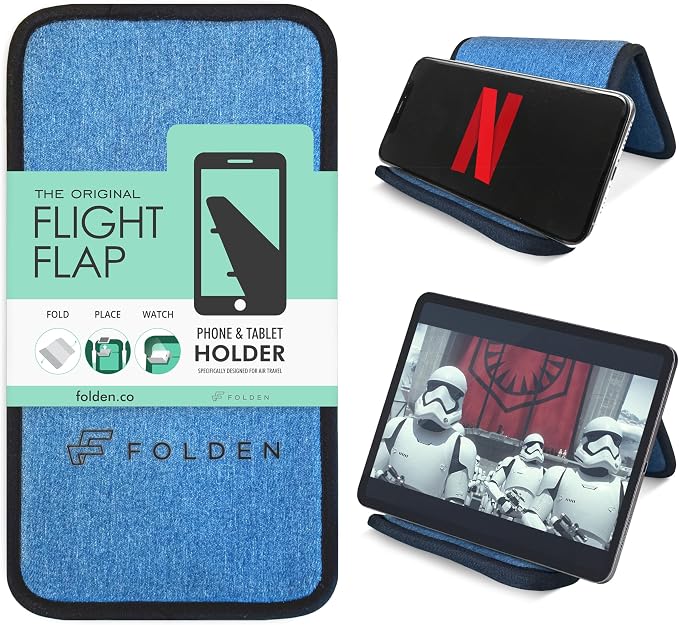 Airplane Phone Holder - Foldable Phone Stand for Plane Travel | Blue Denim,Tabletop Mount Desk, Plane Tray Seat back, Treadmill, Fits iPhone Cell Phone, 9 x 4.3 in by FlightFlapbyFolden