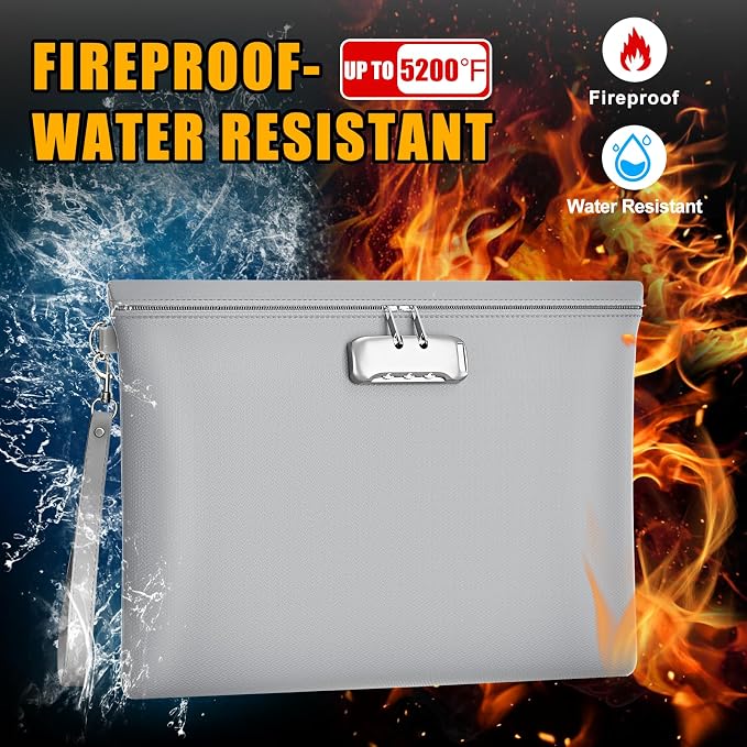 5200℉ Fireproof Document Bag with Lock,Money Pouch,14.3"x10.2" | Waterproof,Zipper Closure, Portable Safe Storage for Letter Size Files, Cash, Cell Phone, Tablet, Credit Card, Passport, Gray - Image 2