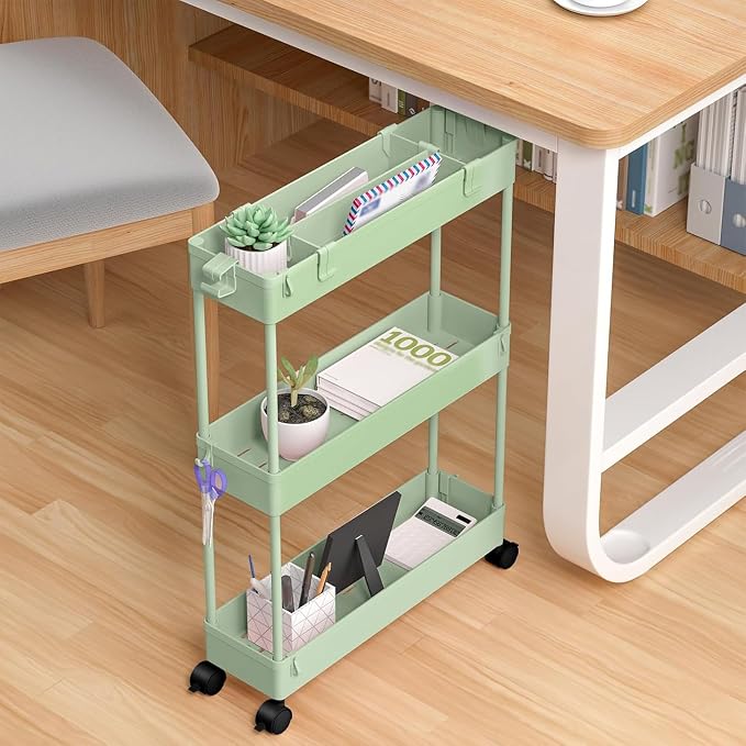 2-piece Set Slim Storage Cart 3 Tier,Bathroom Organizer Rolling Utility,Mobile Shelving Unit Slide Out for Office, Kitchen, Laundry Room & Narrow Places - Image 7