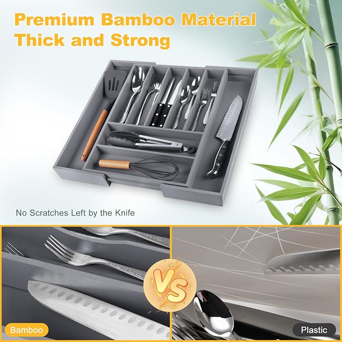 Large Premium Bamboo Silverware Organizer - Expandable Drawer Organizer & Utensil Organizer - 17"x19.7" Cutlery Tray with Dividers for Kitchen Utensils and Flatware (7-9 Slots) (Grey) - Image 5