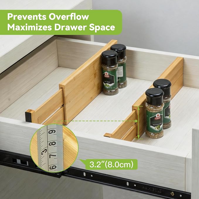 Utoplike Bamboo Dresser Drawer Dividers, Expandable Organizer for Clothing | Adjustable 3.2" High Drawers Separators for Kitchen, Bathroom, Bedroom, Office Storage, 4Pcs, Fit 13.5"-16" Inner Drawer - Image 4
