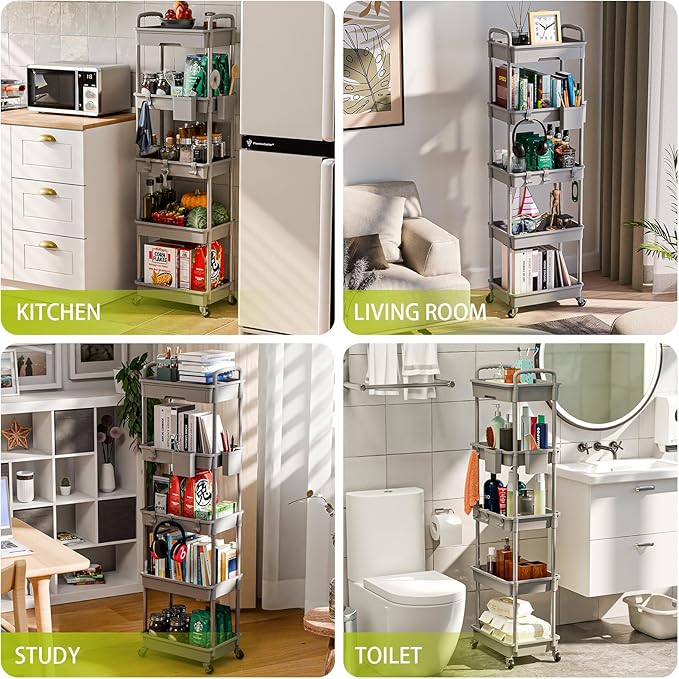 Sorgion 5 Tier Rolling Cart Organizer,Bathroom Cart Organizers with Wheels Laundry Room Organization Mobile Shelving Unit Utility Cart Storage Shelves Multi-Functional for Office, Home(Grey) - Image 6