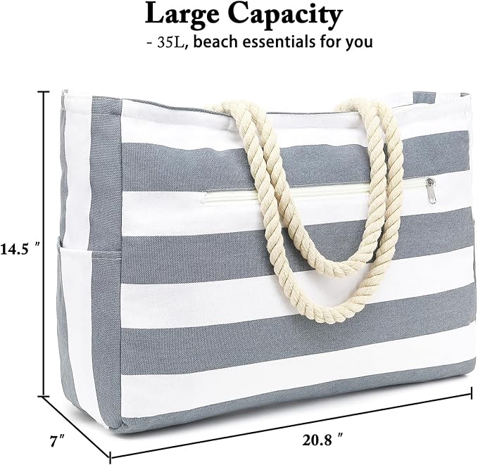 Fammart Beach Bags Waterproof Sandproof for Women, Large Canvas Pool Bag with Leakproof Wet Pocket & Zipper Cruise Essentials - Image 7