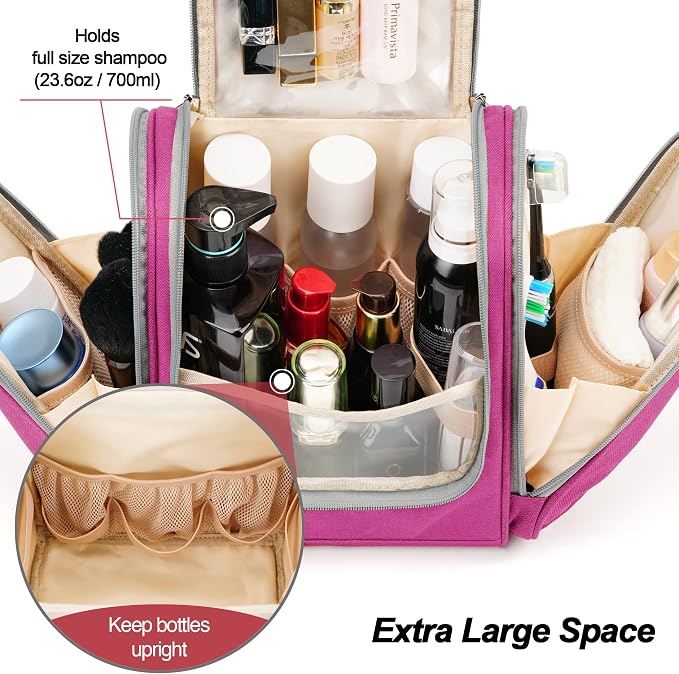 Hanging Travel Toiletry Bag for Women and Men, 6 Organizer Compartments, Extra Large Toiletries Bag, Bathroom Cosmetic Bag, Water-resistant Makeup Bag, Holds Full-Size Shampoo, Rose Red - Image 2