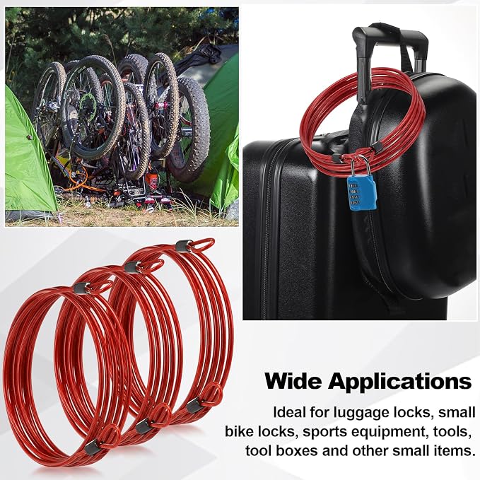 12 Pack Security Cable Luggage Lock with Loops 7 ft 3mm Braided Steel Coated Bike Cable Wire Double Loop Anti Theft Safety for U Lock, Padlock and Disc(Black,Red) - Image 7