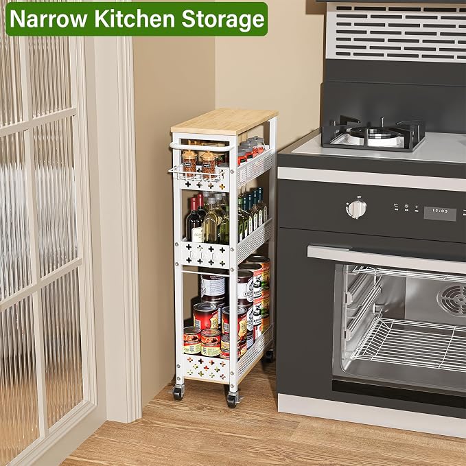 Utility Slim Storage Cart for Home Laundry Room, Bathroom, Kitchen | 4-Tier narrow rolling cart for small space, Holds tall bottles, Upgraded metal hub casters, Premium wood & metal mesh shelves - Image 7