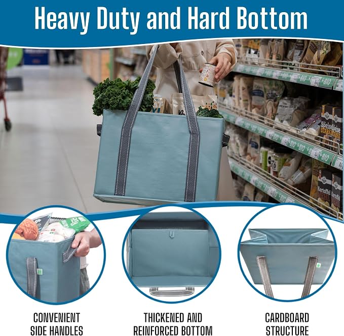 VENO 2 Pack Extra Large Reusable Grocery Shopping Bags Utility Tote | Water Resistant, Storage Box w/ Sturdy Side Handles & Hard Bottom, Foldable for Groceries Shopping Cart(Blue, 8 Gallon) - Image 3