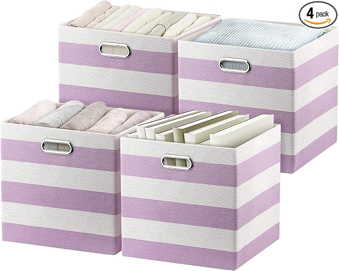 Posprica Storage Bins Storage Cubes,13×13 Collapsible Storage Boxes Containers Organizer Baskets for Nursery,Office,Closet,Shelf - 4pcs,Purple-white Striped by Posprica