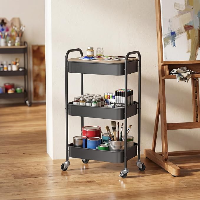DTK 3 Tier Rolling Cart with Wheels, Heavy Duty Metal Utility Cart, Mobile Storage Organizer with Lockable Casters, Multi-Purpose Rolling Cart for Nursery, Bathroom, Kitchen, Office, Classroom - Image 5