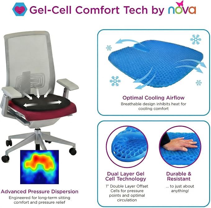 NOVA Happy Tush Extra Wide Gel Cell Seat Cushion, Double-Layer Pressure-Relief Gel, Foldable & Portable, Water-Resistant, Washable Non-Slip Cover, Home, Office & Travel - Image 4