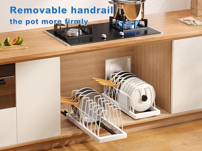 Mustorn 2 Pack Pots and Pans Organizer Under Cabinet, 21.6" Deep Pull Out Pot Lid Organizer Holder with Guardrail Adhesive Pot and Pan Holder Rack with 10 Adjustable Dividers(White) - Image 7