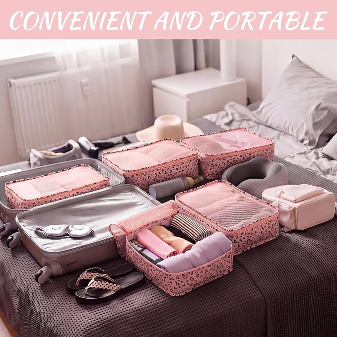 Silkfly 12 Pcs Packing Cubes for Suitcase Travel Luggage Bags Bulk Mesh Organizer Set for Hiking Camping(XL, L, M,Leopard,Pink) - Image 5