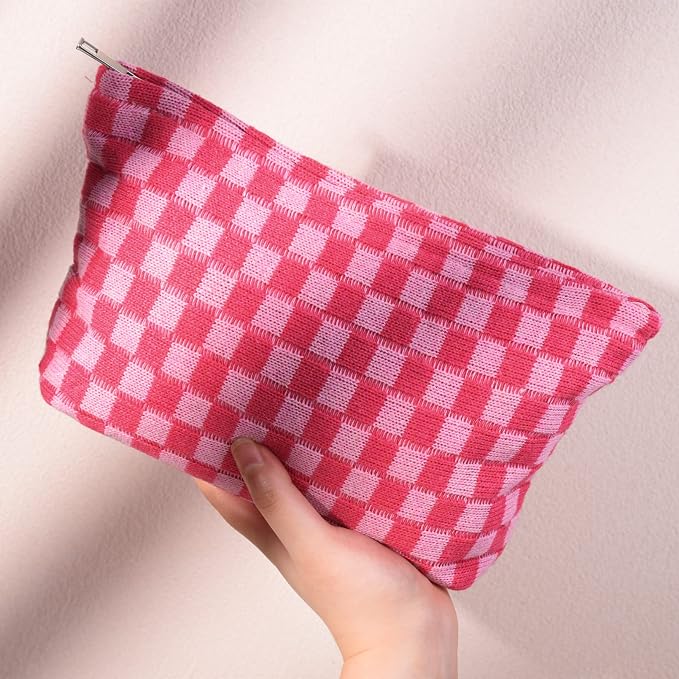 SOIDRAM 2 Pieces Makeup Bag Large Checkered Cosmetic Bag Capacity Canvas Travel Toiletry Bag Organizer Cute Makeup Brushes Aesthetic Accessories Storage Bag for Women, Checkered L Green Rose red - Image 7