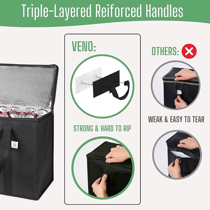 VENO 3 Pack Insulated Cooler Reusable Grocery Shopping Bag Food Delivery | Large Collapsible Cooler, Reusable Shopping Tote w/ Zippers, Foldable, Stands Upright, for Groceries Camping (Black, 3 Pack) - Image 7