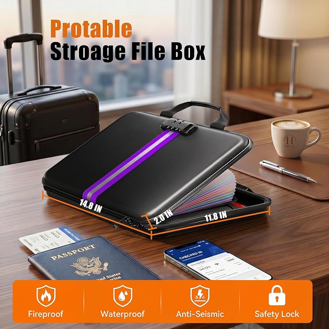 Fireproof Document Organizer with Lock, Rigid EVA File Box with 13-Pocket Accordion Folder for Important Documents & Tablets under 11", Lightweight Safe Storage for Home, Office & Travel (Small Size) - Image 6