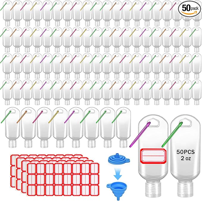 HATTIE 50Pack Travel Plastic Clear Keychain Bottles 50ml/2oz Portable Leakproof Squeeze Small Bottles With Flip Cap Refillable Empty Containers for Lotion Soap Toiletry by HATTIE