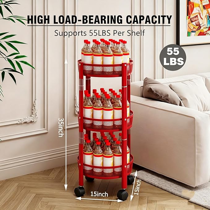 3-Tier Foldable Rolling Cart, Collapsible Metal Utility Cart with Wheels, Assembly-Free, Round Storage Organizer Trolley for Kitchen, Bathroom, Dorm, Nursery-Red - Image 3