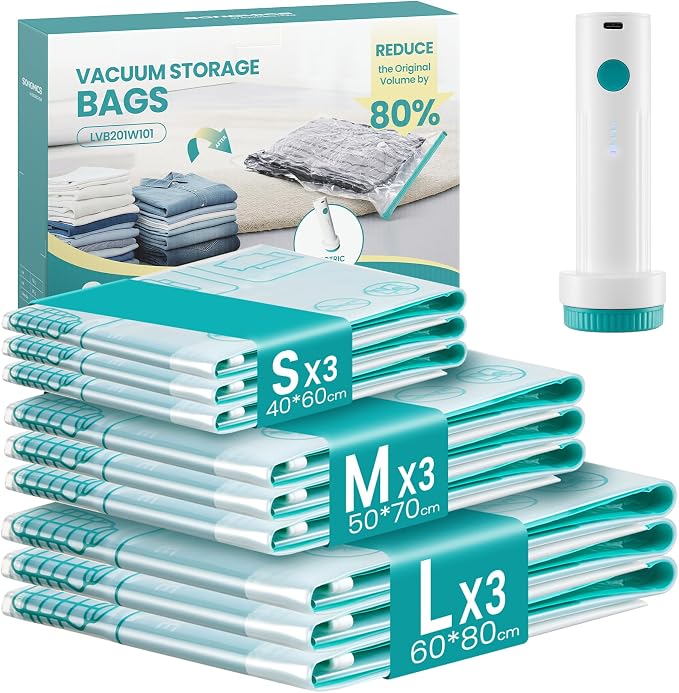 SONGMICS Vacuum Storage Bags, Rechargeable Portable Electric Pump, Space Saver Vacuum Seal Suction Bags for Clothing Travel Bedding, Reusable, 9 Pack, 3S/3M/3L, Transparent ULVB201W101 by Unknown