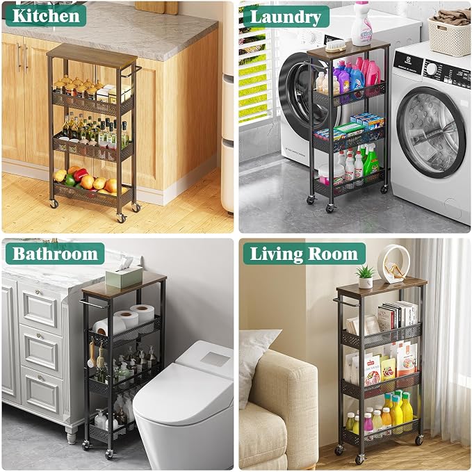 Slim Rolling Storage Cart 4 Tier Bathroom Organizer Mobile Shelving Unit Utility Cart with Wood Top and Handle for Kitchen Laundry Narrow Places, Black - Image 7