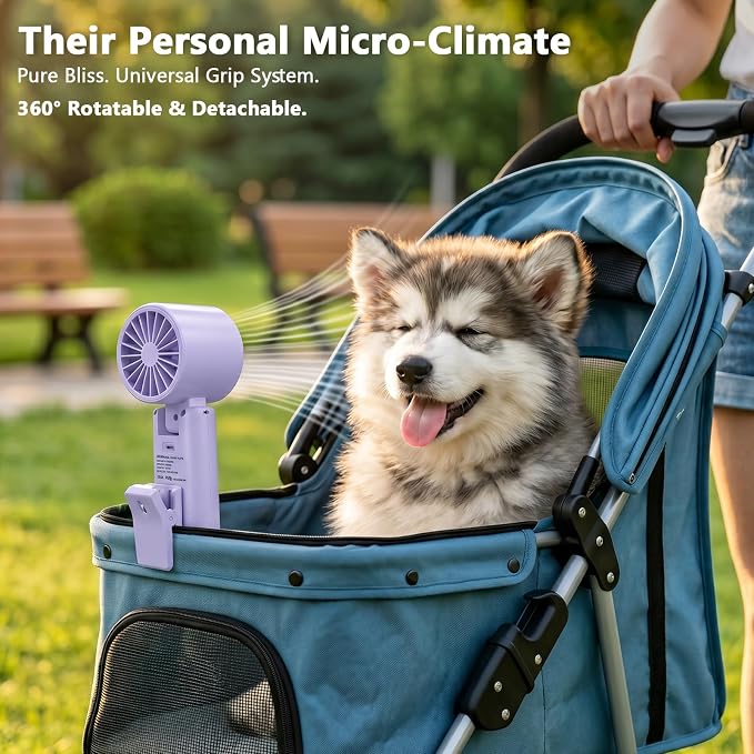 fygurso Personal Portable Clip-on Handheld Fan Rechargeable, Purple | Neck-Crossbody fit lanyard. Detachable clip. 10H battery. LED monitor. 5-Speed from 30dB low noise to 10000rpm blast. - Image 3